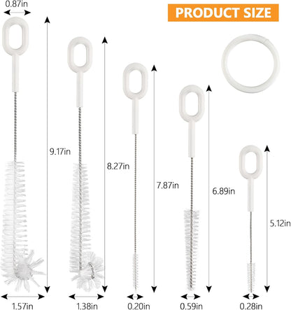 Straw Cleaner Brush Set, 5 Pcs Multi-Size Flexible Cleaning Brushes with Holder Ring, Long Pipe Cleaners for Reusable Straws, Water Bottles, Tumblers and Sippy Cups, White