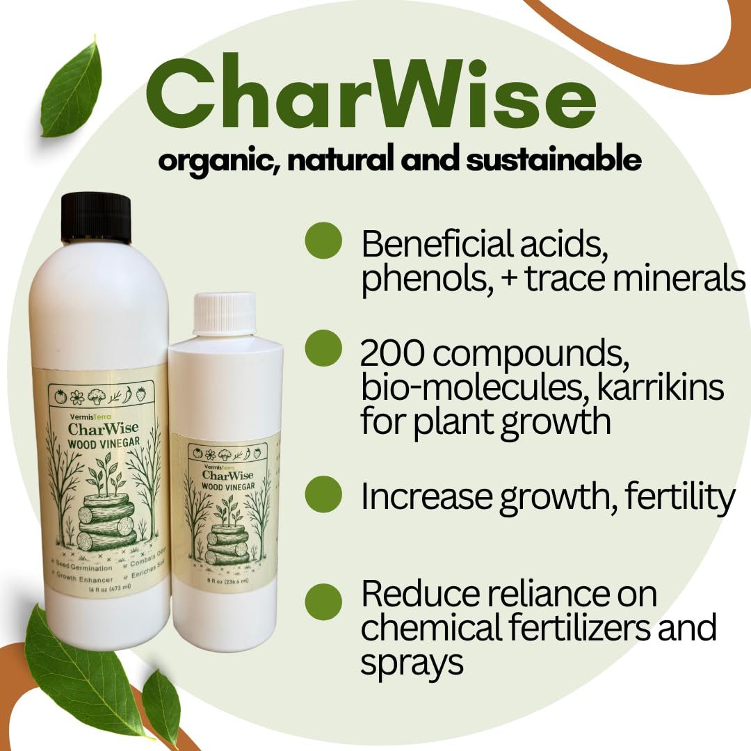 VermisTerra CharWise - 8 oz Wood Vinegar Biostimulant - Seed Germination, Enriches Soil, Growth Enhancer, Combats Odor, Animal Care - pyroligneous Acid, Natural byproduct of biochar