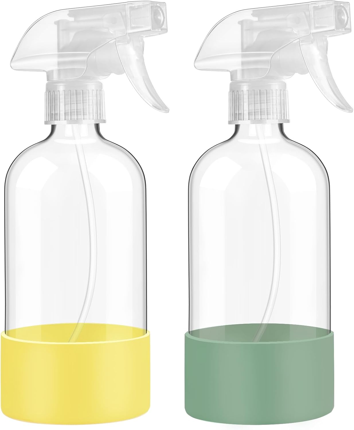 Glass Spray Bottles with Silicone Sleeve Protection, 16 oz 2 Pack, Reusable Spray Bottles with Adjustable Nozzle for Hair, Cleaning Solutions, Plants, Pale Yellow&Mint Green