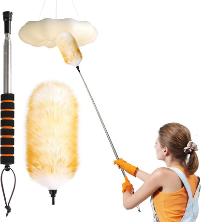 Lambswool Extendable Mini Duster 14-34 Inch Stainless Steel Extension Telescoping Pole Wool Dusters for Cleaning Ceiling Fans Window Blinds Car Interiors Furniture Dusting