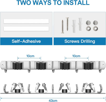 IMILLET 2 Pack Wall Mount Broom Holder Stainless Steel 5 Racks with 4 Hooks Broom Organizer Self Adhesive Heavy Duty Laundry Room, Garage Organization Storage