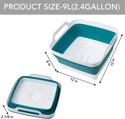 2 Pack Dishpan for Washing Dishes, 2.4Gal/9L Wash Basin with Draining Plug Carry Handles, Collapsible Bucket for Cleaning, Portable Sink, Foldable Plastic Tub