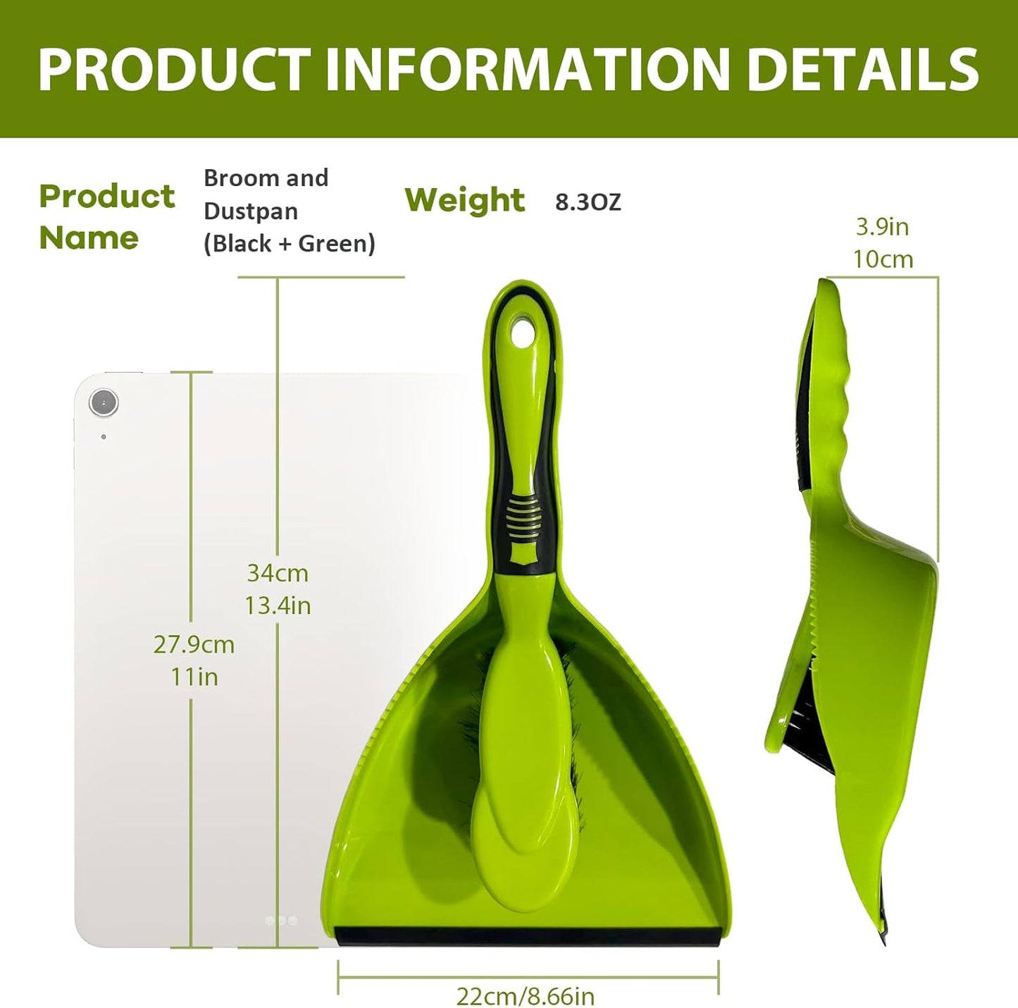 Dust Pan, Dustpan and Brush Set, Hand Broom and Dustpan Set, Small Dustpan and Brush Set, Mini Broom for use on Kitchen Floors, Tables, and Animal Cages Cleaning.（Green）