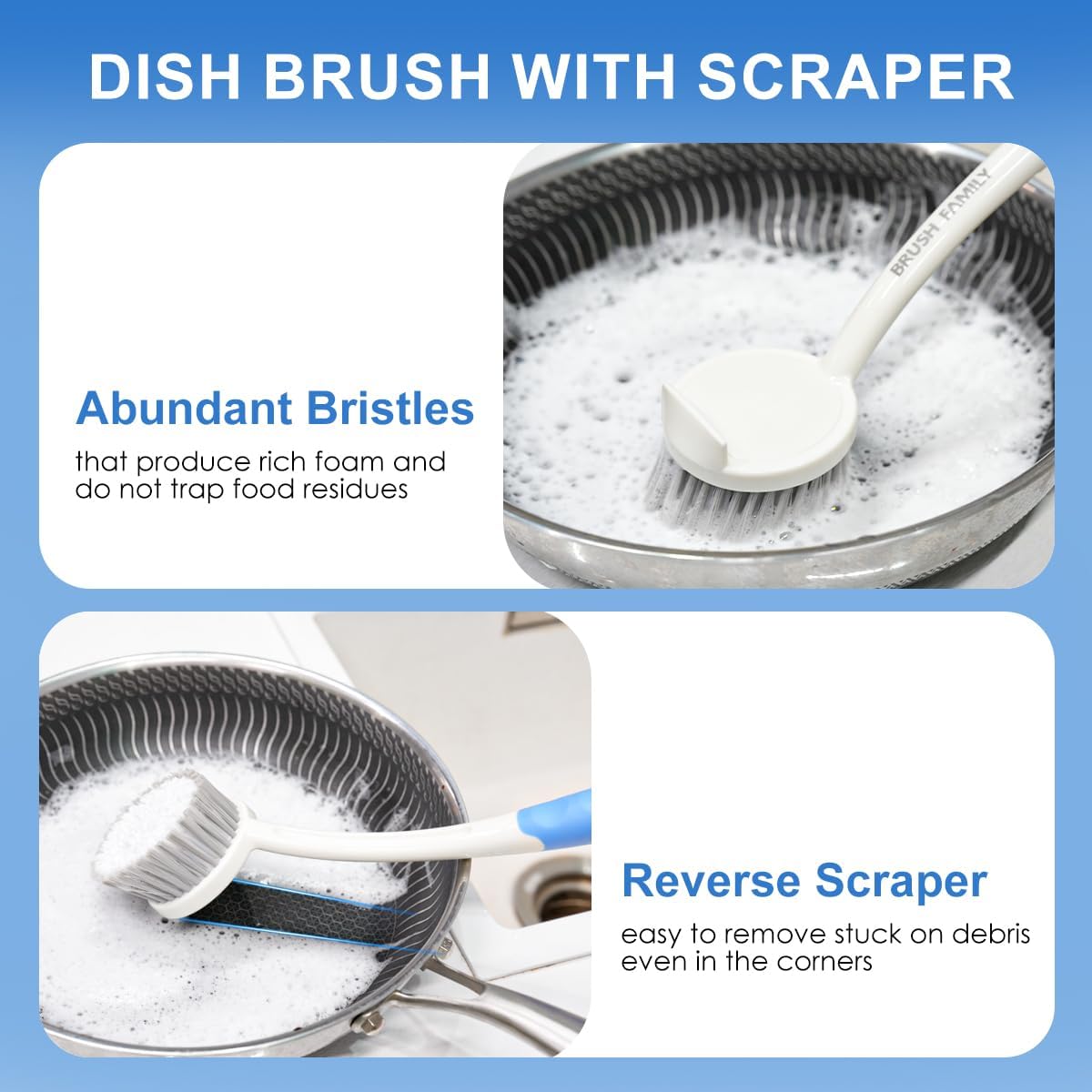 2 Pack Kitchen Scrub Brush, 2 in 1 Water Bottle Brush with Removable Straw Cleaner Dish Scrub Brush with Scraper Tip for Dishes, Pans, Bottle, Cups, Pot, Sink