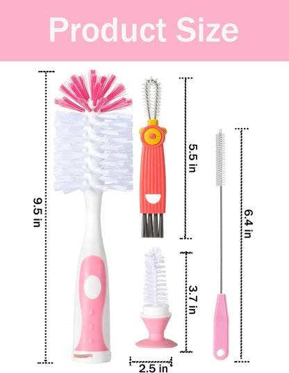 Baby Bottle Brush Set 4 in 1, Baby Bottle Cleaner, with 1P Nylon Bottle Brush, 1P Bottle Cap Brushes, 2P Straw Brushes, Bottle Brush with Nipple Cleaner and Suction Cup, BPA-Free(Green)