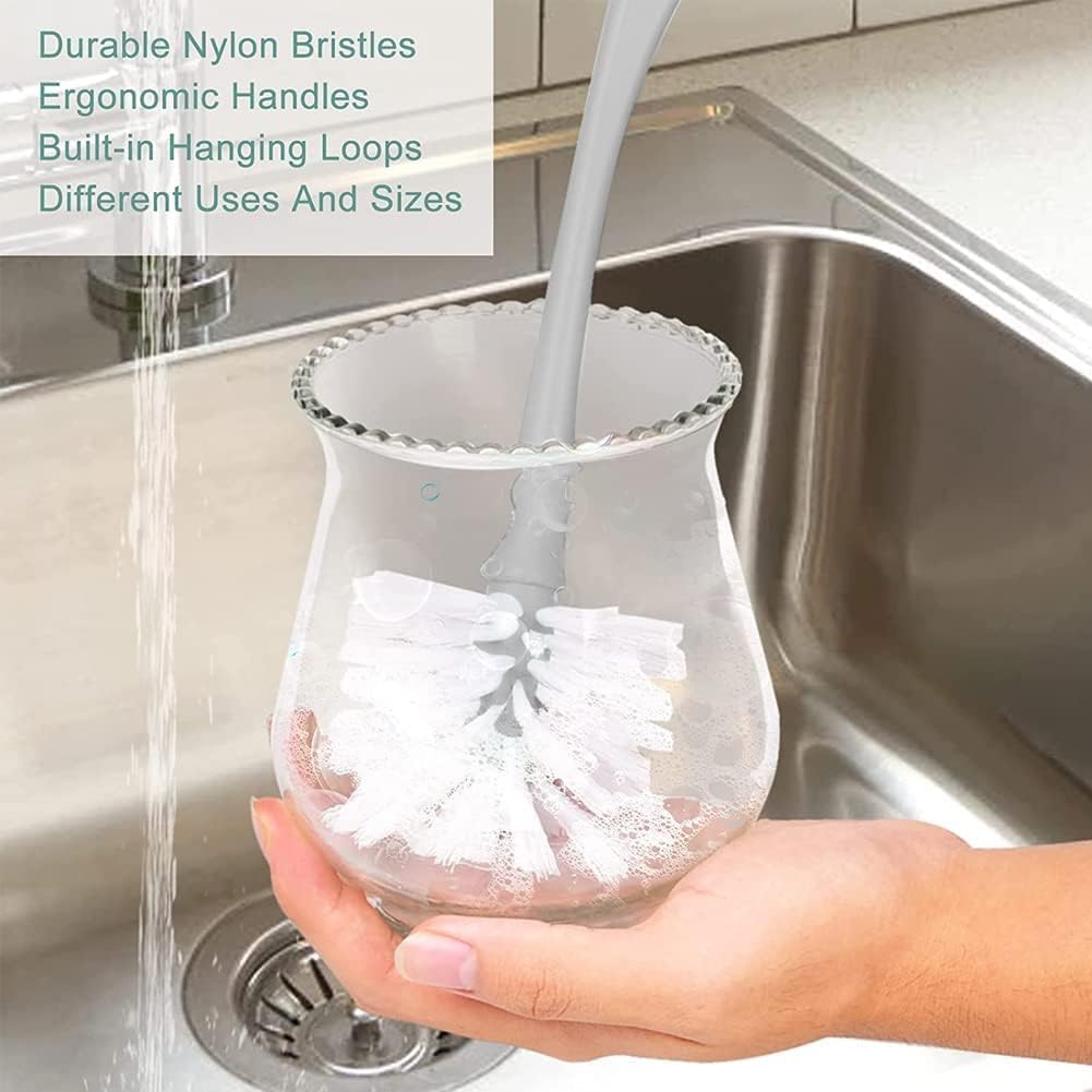 Dish Brush with Handle, Kitchen Dish Scrub Brush Set, 4-Piece Kitchen Cleaning Brush Set for Pots and Bottles, Nordic Green