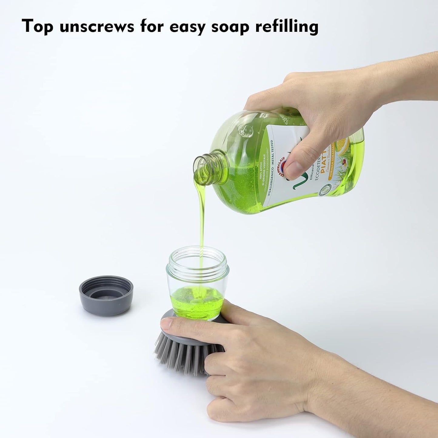 DAPOWER Dish Brush with Soap Dispenser, Kitchen Scrub Brush for Dishes Pots Pans Sink Cleaning, Dish Scrubber with Holder Set (Grey 2-Pack Combo Set)