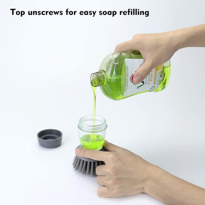 DAPOWER Dish Brush with Soap Dispenser, Kitchen Scrub Brush for Dishes Pots Pans Sink Cleaning, Dish Scrubber with Holder Set (Grey 2-Pack Combo Set)