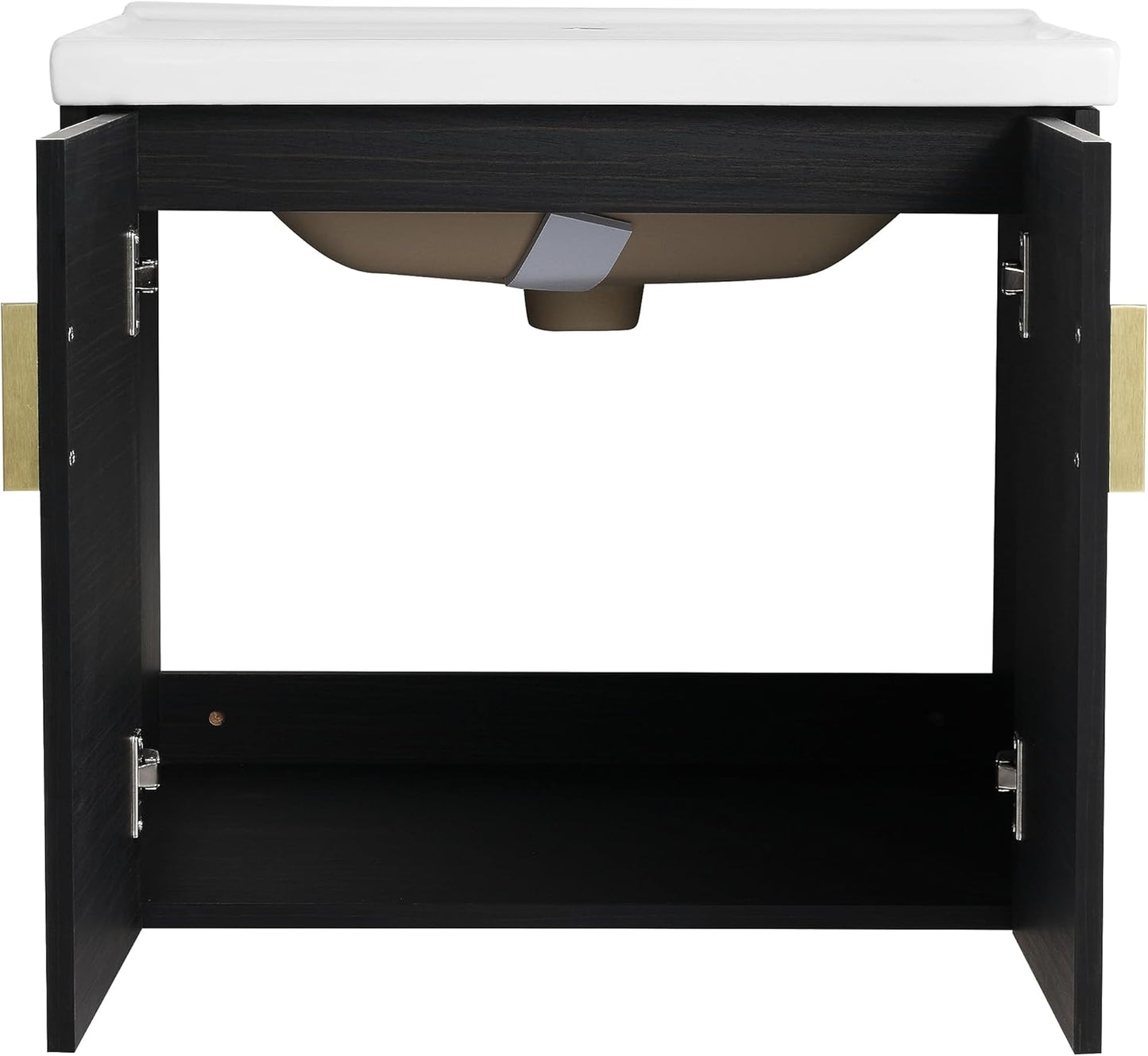 SSLine Modern 24-Inch Bathroom Vanity with Sink Wall Mounted Bathroom Vanity with Top Basin & Storage Cabinet White Wood Floating Vanity w/Ceramic Sink & Gold/Black Handles for Small Space