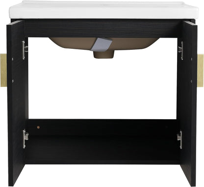 SSLine Modern 24-Inch Bathroom Vanity with Sink Wall Mounted Bathroom Vanity with Top Basin & Storage Cabinet White Wood Floating Vanity w/Ceramic Sink & Gold/Black Handles for Small Space