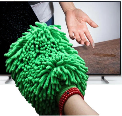 QUALIALL, Green Chenille Microfiber Dusting Mitt, 10.5x8 Inch, Electrostatic, Reusable, Scratch-Free, No-Dust Fly Duster for Sensitive Surfaces