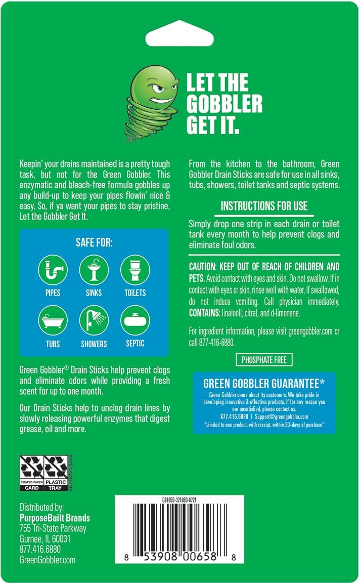 Green Gobbler Drain Cleaner & Deodorizer FRESH SCENT Sticks for Toilet Tanks, Sinks, Bathtub Drains, Washing Machine Drains and Garbage Disposals - 24 Pieces