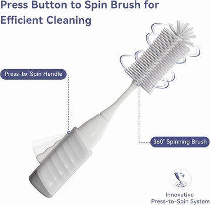 Baby Bottle Brush Set, Innovative Efficient Press-to-Spin Brush Cleaner - Includes Silicone Bottle Brush, Nipple Brush, Straw Cleaner - Spinning Generates Rich Foam for Deep Cleaning, Blue