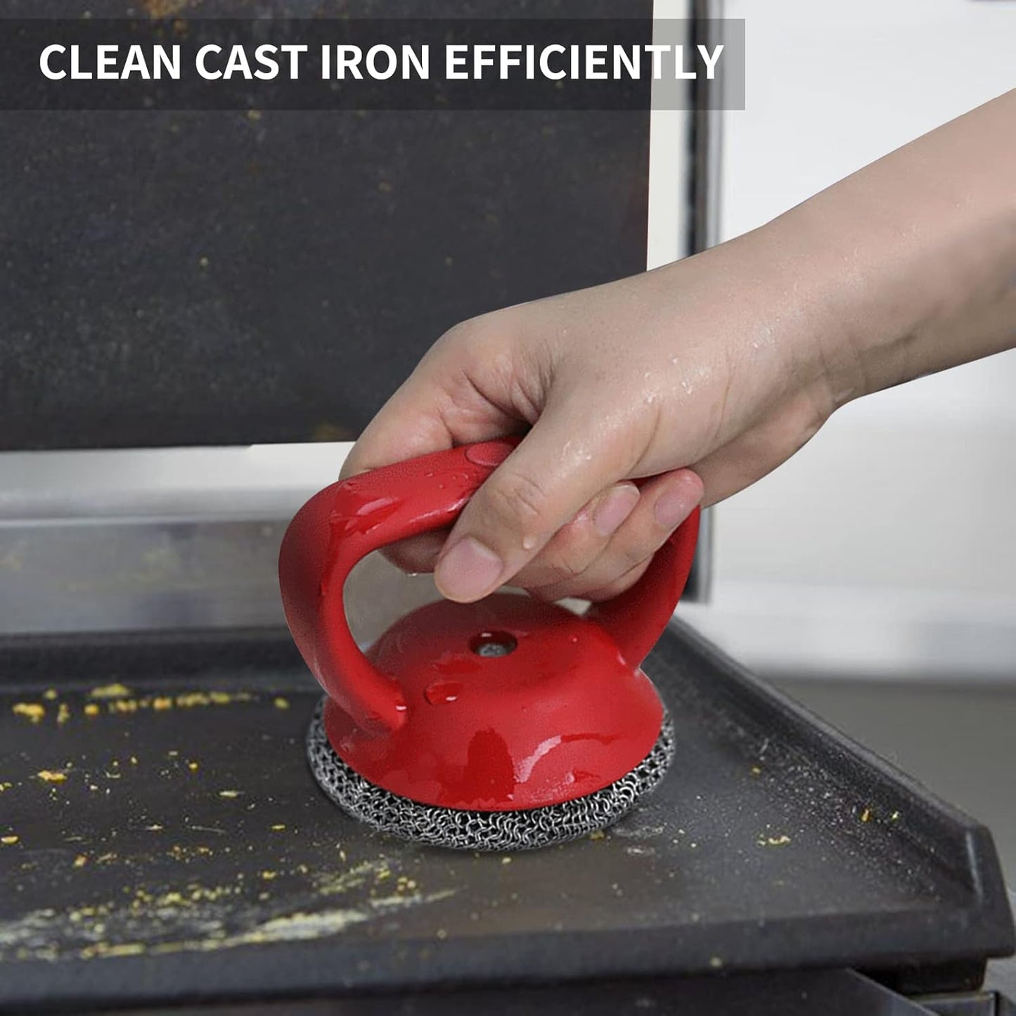 Cast Iron Cleaner Scrubber with Heavy Duty Handle, 3mm Welded Chain Mail Scrubber for Pan Pot Cleaning - Small Ring Chainmail Scrubber Metal Scrub Sponge Skillet, Oven, Griddle, Wok Brush