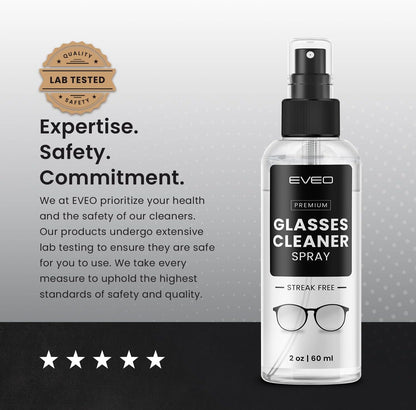 EVEO Glasses Cleaner Spray - Eyeglass Cleaner (No Streaks)| x2 Eye Glass Cleaners Spray + x2 Lens Cleaner Microfiber Cleaning Cloth, Glasses Cleaning Kit Eye Glasses Cleaner Spray & Cloth - 4oz(2ozx2)