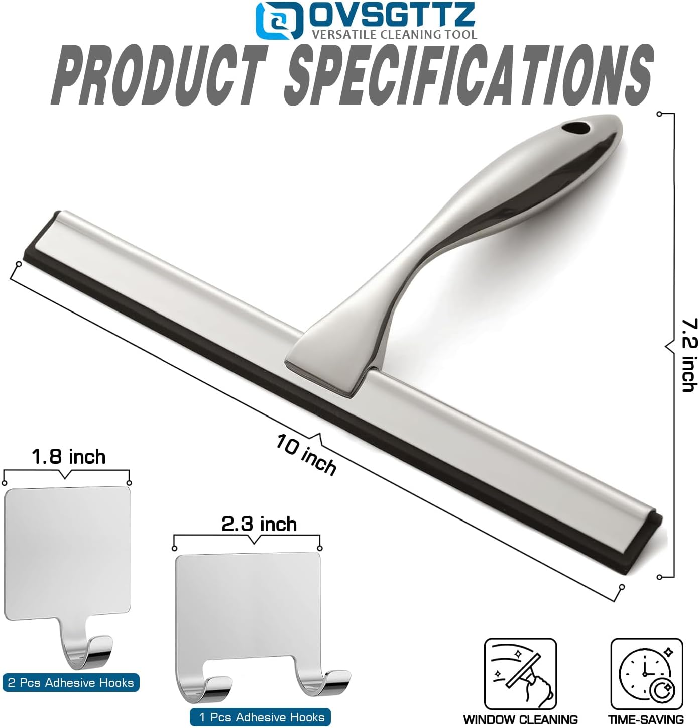 Stainless Steel Shower Squeegee for Glass, Includes 3 Adhesive Hooks, Shower Door Squeegee for Bathroom, Household Window, Car Windshield, Mirrors, Tiles Scrubber Clear, 12 inch Black