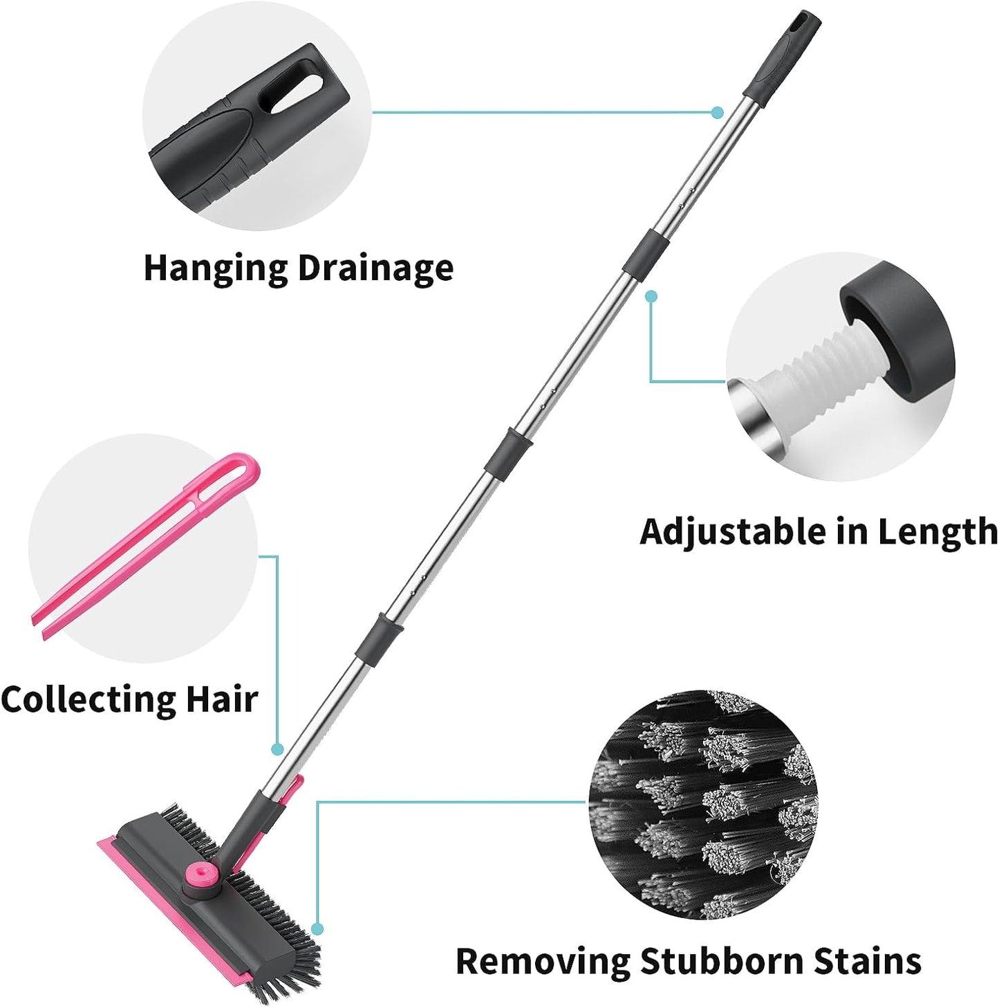 Floor Scrub Brush with Long Handle, 3 in 1 Scrape and Heavy-Duty Stiff Bristle Scrubber Brush for Cleaning Shower Bathroom, Patio, Pool, Garage, Kitchen, Wall and Deck (White, 1 Pack)