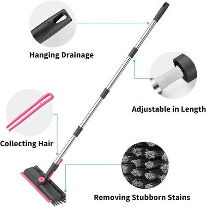 Floor Scrub Brush with Long Handle, 3 in 1 Scrape and Heavy-Duty Stiff Bristle Scrubber Brush for Cleaning Shower Bathroom, Patio, Pool, Garage, Kitchen, Wall and Deck (White, 1 Pack)