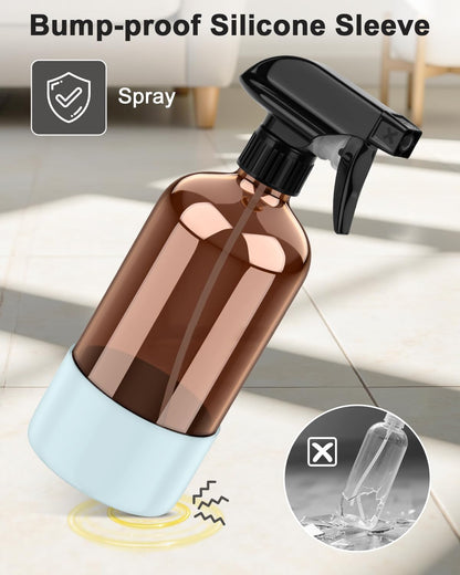 Bontip Amber Glass Spray Bottle with Silicone Sleeve Protection, 16 oz Refillable Spray Bottles for Cleaning Solutions, Plants, Aromatherapy, Facial Hydration (1, Black, 16 oz)