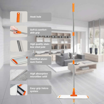Microfiber Flat Wet-Dry Mop with 51" Adjustable Stainless Steel Handle, 4 Reusable Pads for Wet & Dry Mopping on Hardwood, Tile, Laminate & Vinyl Floors