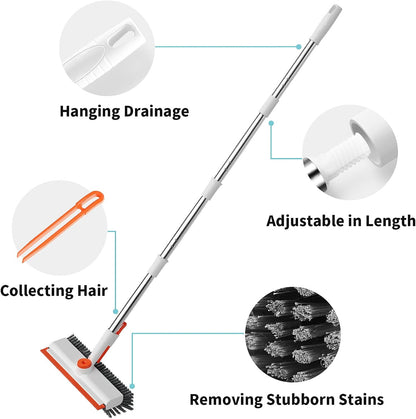 Floor Scrub Brush with Long Handle, 3 in 1 Scrape and Heavy-Duty Stiff Bristle Scrubber Brush for Cleaning Shower Bathroom, Patio, Pool, Garage, Kitchen, Wall and Deck (White, 1 Pack)