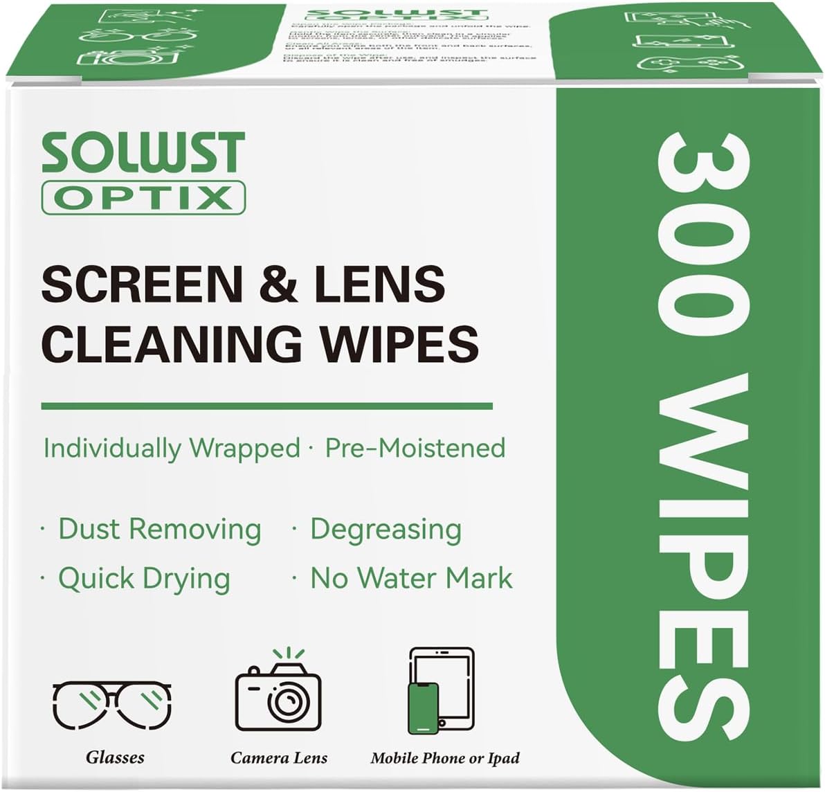 Optix Lens Cleaning Wipes - 300 Pre-Moistened, Individually Wrapped Wipes for Eyeglasses, Camera Lenses, Tablets, Phones, Computer Screens, and Other Surfaces