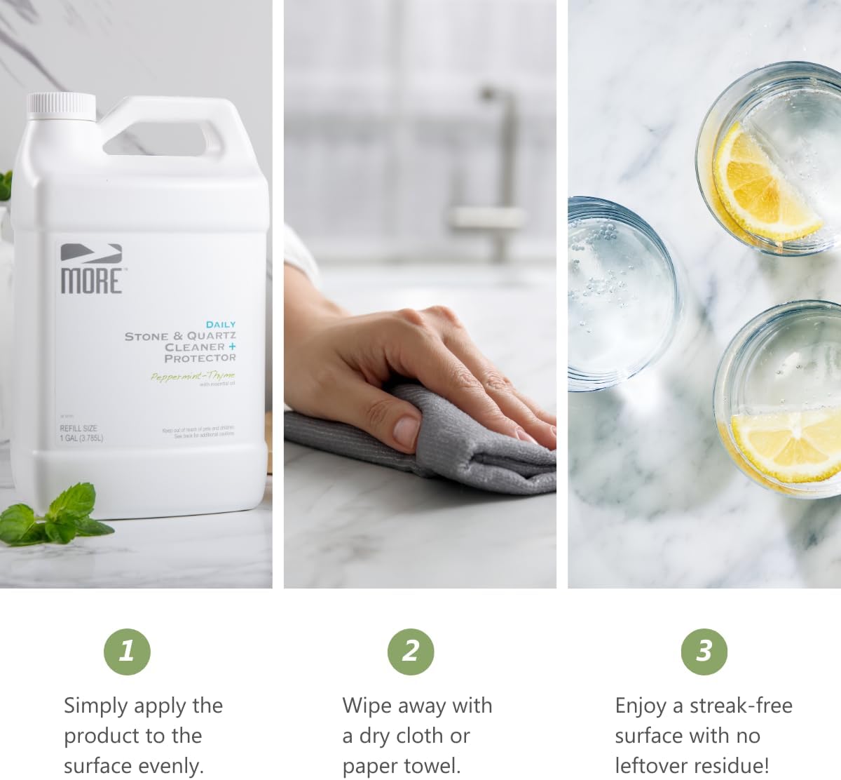 MORE Stone & Quartz Cleaner + Protector - Water-Based Surface Spray - Granite, Quartz & Marble Cleaner - For Kitchen & Bathroom Countertops & Floors - Peppermint-Thyme Essential Oil - Pint (16oz)