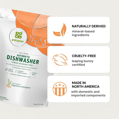 Grab Green Automatic Dishwashing Detergent Pods, 60 Count, Thyme Fig Leaf Scent, Plant and Mineral Based, Superior Cleaning, Powerful Grease Removal, Brilliant Shine