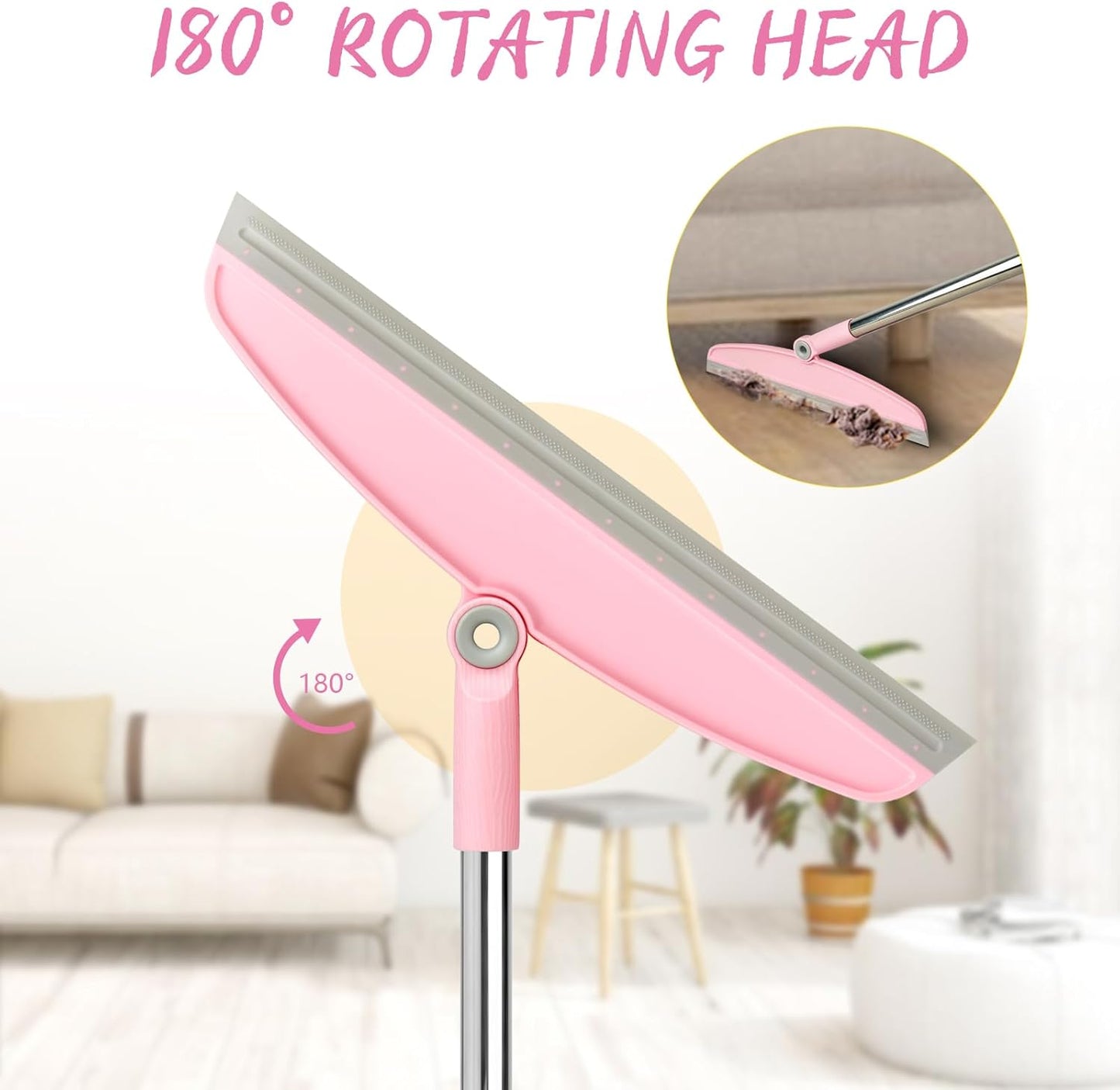 Multifunction Silicone Broom, 54 Inch Adjustable Long Handle Rubber Broom Sweeper for Floor Bathroom Kitchen Shower Pet Hair Glass(Gray Pink)
