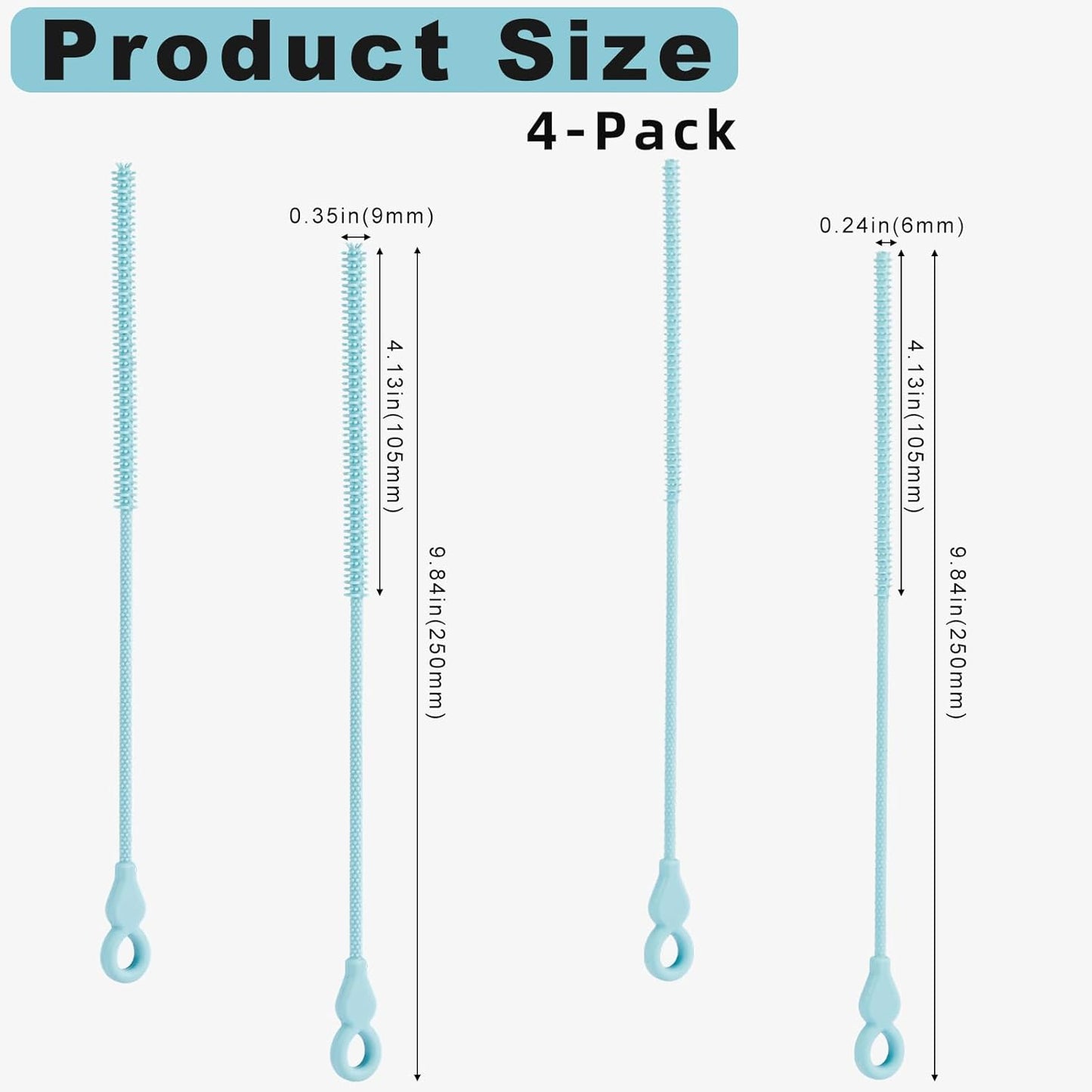 Silicone Straw Cleaner Brush, 4-Piece Reusable Straw Brush Set with Extra-Long Design for Cleaning Thin Metal Straws and Wider Milkshake Straws （6mm+9mm Pink)
