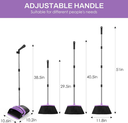 Broom and Dustpan Set for Home, 51-in Long Adjustable Handle Angle Broom and Dustpan Combo Set with Dust Pan Teeth to Clean Hair for Home Kitchen Office Lobby Floor Garden (Black&White)