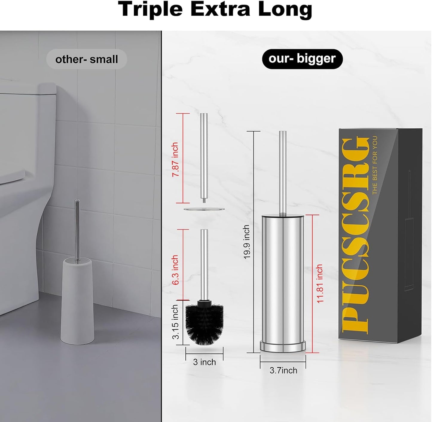 Bronze Toilet Brush and Holder Set，Stainless Steel Heavy Duty Toilet Bowl Brush，Extra Long Handled Modern Toilet Cleaner Brush, Removable Inner Bowl, and Splash Protection