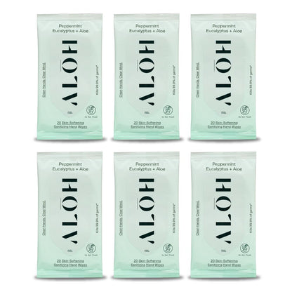 ALŌH Peppermint Eucalyptus + Aloe Sanitizing Hand Wipes - Clean Hands, Clear Mind On The Go Sanitizer for Kids and Adults - Travel Size 3 Pack 20ct Wipes (60 Wipes)