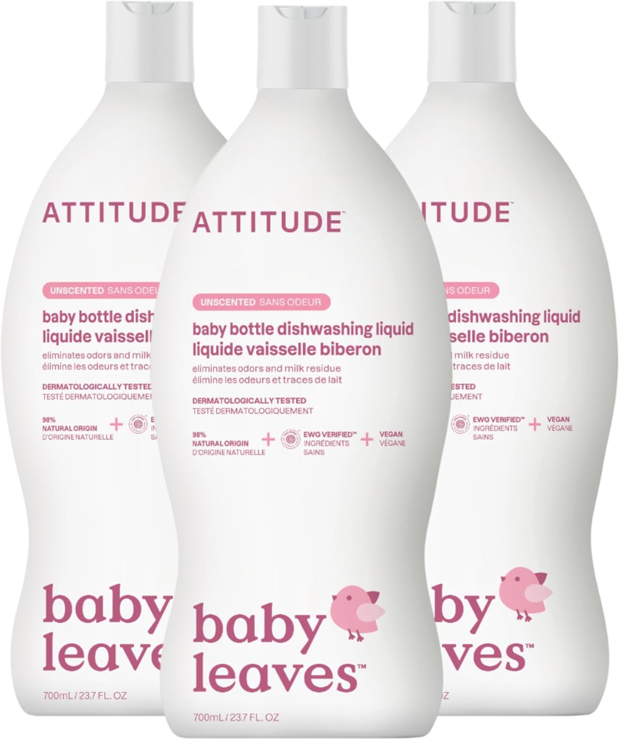 ATTITUDE Baby Bottle & Dish Soap, EWG Verified Bottle Cleaner, Fragrance Free & Dye Free, Removes Milk Residue & Grease, Vegan, Bulk Refill, Unscented, 67.6 Fl Oz (Pack of 4)