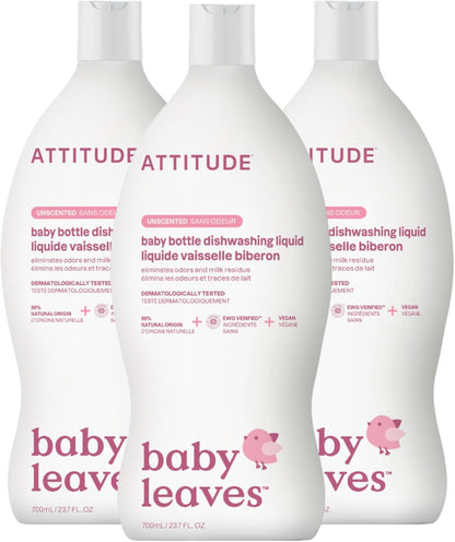 ATTITUDE Baby Bottle & Dish Soap, EWG Verified Bottle Cleaner, Fragrance Free & Dye Free, Removes Milk Residue & Grease, Vegan, Bulk Refill, Unscented, 67.6 Fl Oz (Pack of 4)