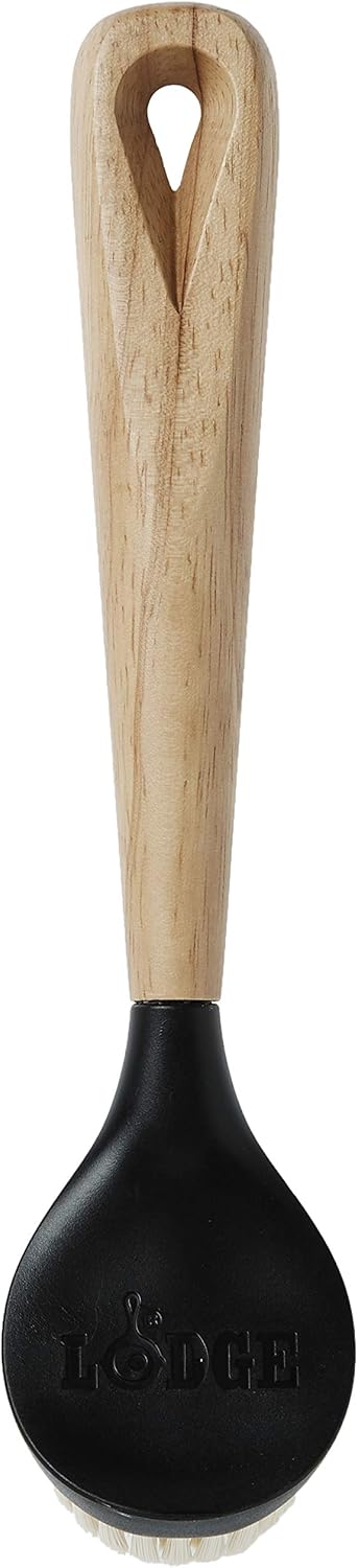 Lodge 10 Inch Scrub Brush - Wood Handle for Comfortable Grip - Skillet Scrubber with Tough Nylon Bristles - Black