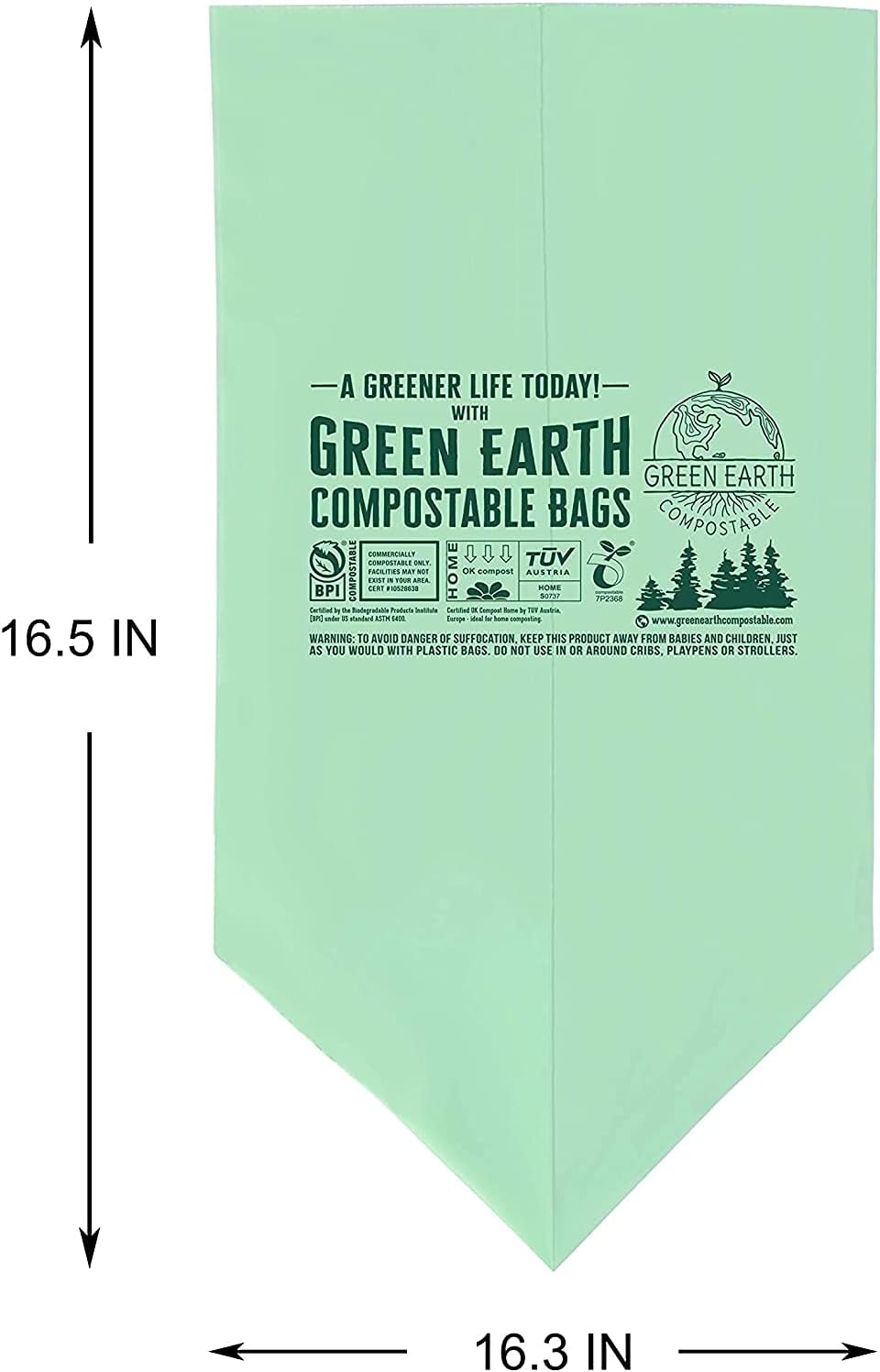 Green Earth Compostable Tall Kitchen Food Scrap Trash Bags, Superior Strength 0.9 Mil, Compost Bin Compatible, 13 Gallon, 49 Liter, 50-Count, ASTM D6400, BPI (US) & OK Compost Home (EU) Certified