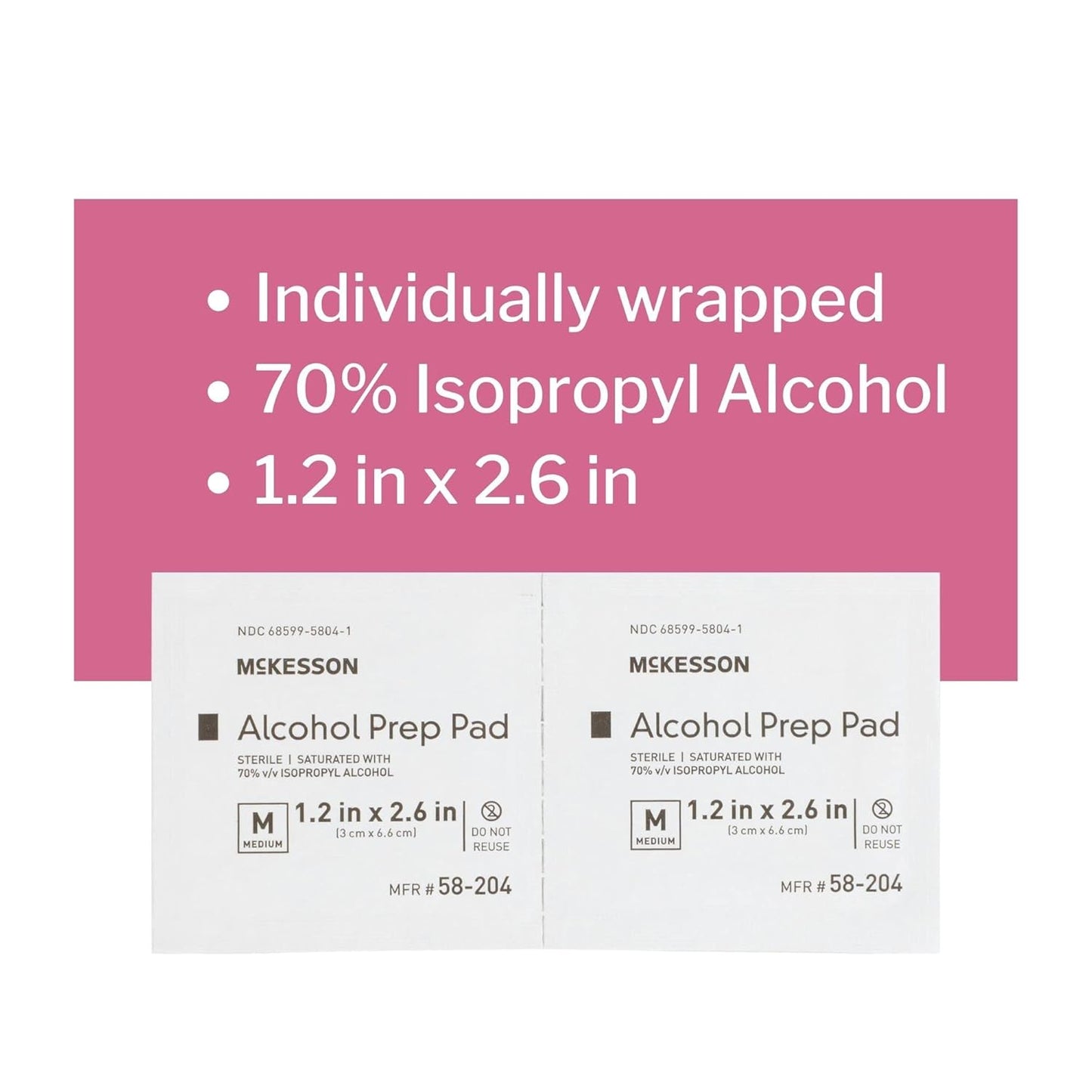 McKesson Alcohol Prep Pads [Pack of 100] 70% Isopropyl, Individually Wrapped Wipes, Sterile, Medical-Grade, First Aid, Large