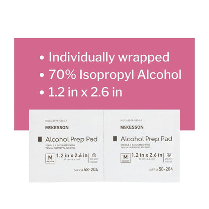 McKesson Alcohol Prep Pads [Pack of 100] 70% Isopropyl, Individually Wrapped Wipes, Sterile, Medical-Grade, First Aid, Large