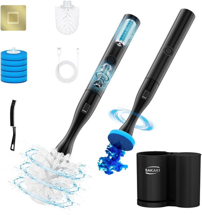 Electric Toilet Brush and Holder Set, Electric Toilet Bowl Brush, Toilet Brush Cleaner Set with 5 Refills Disposable Cleaner Brush, Floor Standing, Wall Mounted Without Drilling, Rechargeable, White