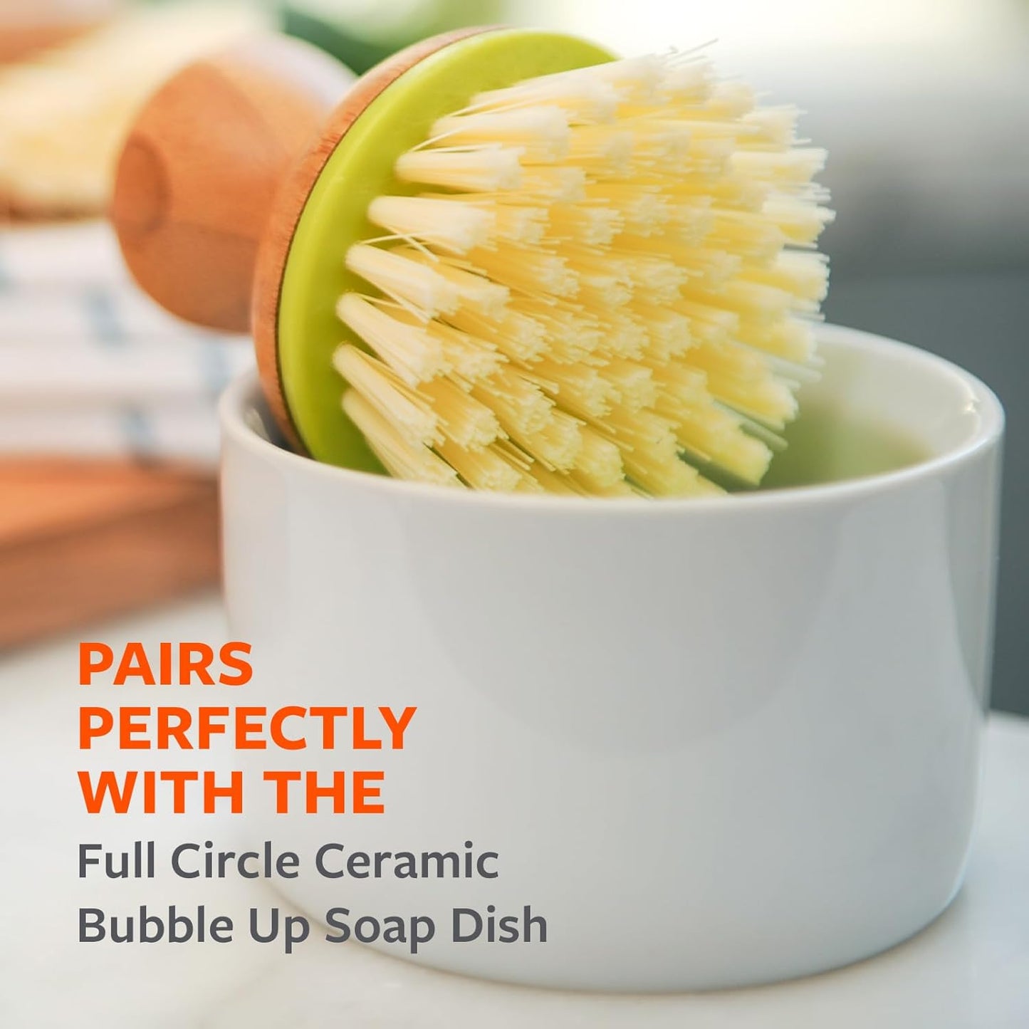 Full Circle Bubble Up Bamboo Dish Brush & Ceramic Soap Dispenser – Family Safe, Formaldehyde-Free – Kitchen Scrub Brush for Dishes, Nonstick & Cast Iron, White