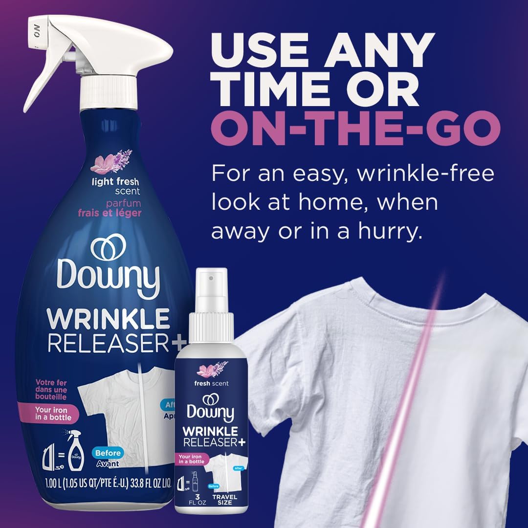 Downy Wrinkle Releaser Spray, All In One Wrinkle Release Spray, Odor Eliminator, Static Remover, Fabric Refresher & Ironing Aid for Clothes, 33.8 Fl Oz (Pack of 2), Unstopables Fresh Scent