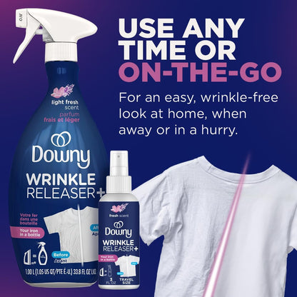 Downy Wrinkle Releaser Spray | All In One Wrinkle Release Spray, Odor Eliminator, Static Remover | Fabric Refresher & Ironing Aid for Clothes | 16.9 Fl Oz (Pack of 2) & 3 FL Oz, Crisp Linen Scent