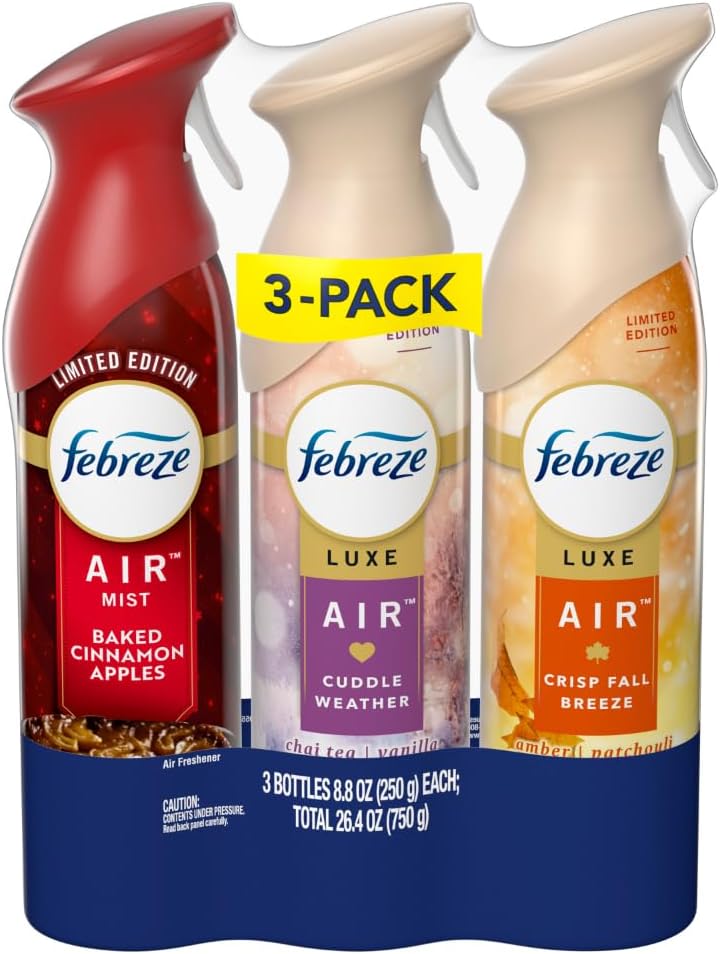 Febreze Air Freshener Spray, Odor-Fighting Room Spray, Crisp Fall Breeze, Cuddle Weather, Baked Cinnamon Apple, 8.8oz, 3 Count