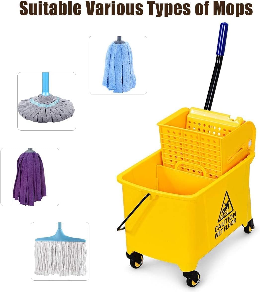 Commercial Mop Bucket on Wheels, Portable Mop Bucket with Side Press Wringer & Handle, Ideal for Household, Industrial Floor Cleaning, 21 Quar