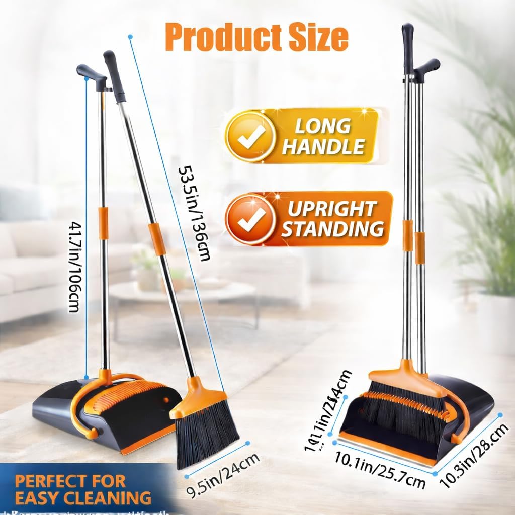 Broom and Dustpan Set with Long Handle, Upright Standing Self-Cleaning Combo, Windproof Dustpan with 6 Bonus Cleaning Tools for Pet Hair, Home, Kitchen, Garage & Apartment