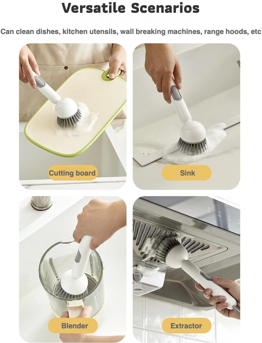 Long-Handled Rotating Pot Brush with Liquid Dispenser | Adjustable Dish Scrubber | Refillable Cleaning Brush for Kitchen | White