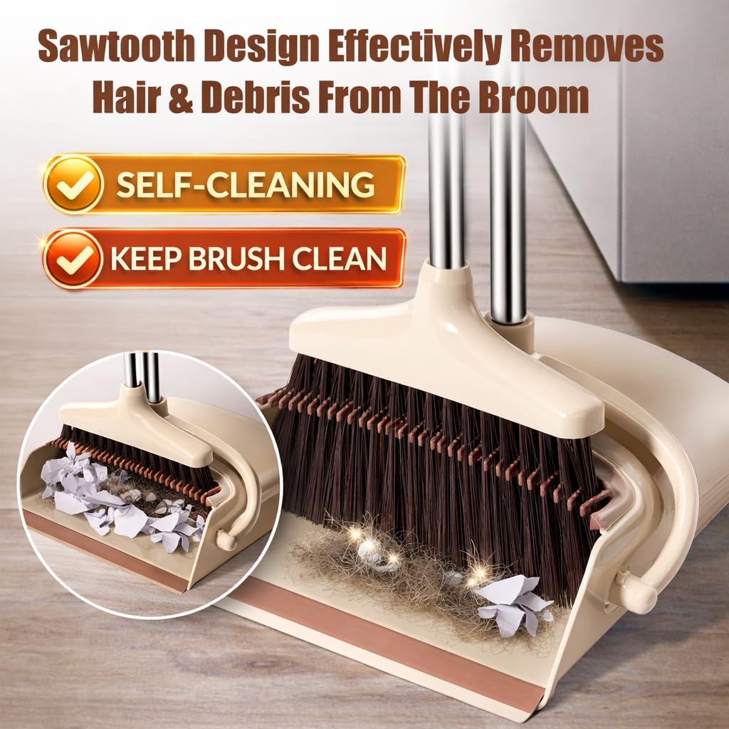 Broom and Dustpan Set with Long Handle, Upright Standing Self-Cleaning Combo, Windproof Dustpan with 6 Bonus Cleaning Tools for Pet Hair, Home, Kitchen, Garage & Apartment