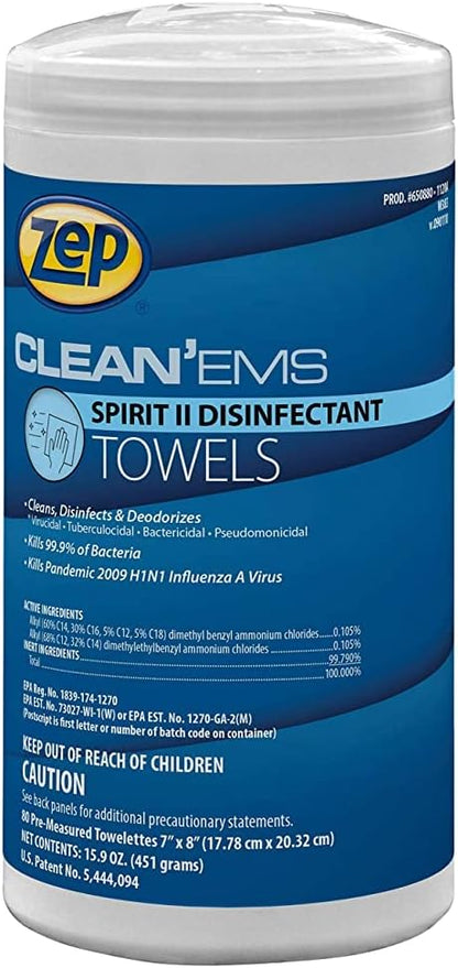 Zep Clean'Ems Spirit II Disinfectant Towels - 40 Towels (1 Unit) 650800 - Will Clean and Disinfect Hard, Non-Porous Surfaces