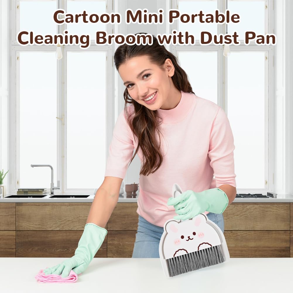 Portable Hand Broom and Dustpan Set, Cute Mini Broom and Dustpan Set with Durable Brush,Lightweight Small Dust Pan and Broom Set for Desktop Cleaning Small Space Cleaning(Rabbit)